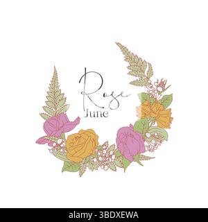 Dessin à la main ligne art rétro palette jaune et violet fleurs rose cadre rond avec texte June Illustration de Vecteur