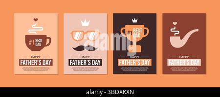 Joyeuse collection de modèles d'affiche de fête des pères avec une tasse de café. une moustache, un trophée et une pipe à fumer Illustration de Vecteur