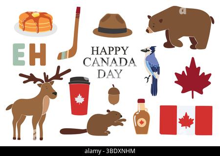 Collection d'éléments de la fête du Canada. Conception pour affiches, bannière, cartes de vœux, autocollants. Illustration vectorielle Illustration de Vecteur