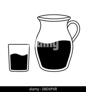 Pichet et verre avec Silhouette liquide. Un grand pichet et un verre à boire, tous deux partiellement remplis de liquide. Illustration de Vecteur
