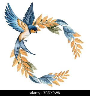 Couronne d'aquarelle avec hirondelle et branches jaunes, vertes et bleues Banque D'Images