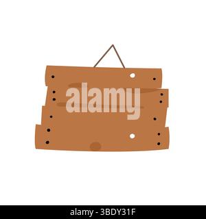Panneau rustique en bois avec corde suspendue, isolé sur fond blanc, illustration de style cartoon Illustration de Vecteur