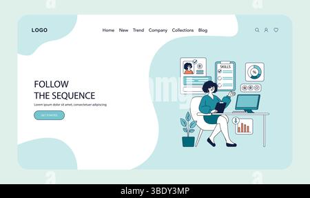 Illustration vectorielle montrant une personne analysant des données de compétences numériques sur un ordinateur. Présentant des graphiques, des profils et des listes de contrôle des compétences, cette image est idéale pour les thèmes de la technologie et de l'éducation. Illustration de Vecteur