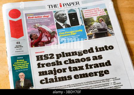 26 mai 2020. Le titre de la première page du i Paper est HS2 plongé dans un nouveau chaos alors que d'importantes plaintes pour fraude fiscale émergent. Banque D'Images