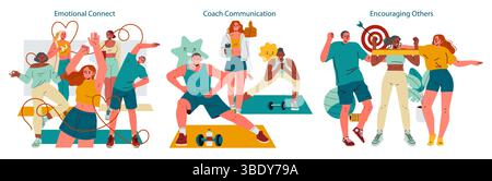 Kit Personal Trainer. Motivation de groupe et soutien à l'entraînement, connexion émotionnelle, communication claire, encouragement inspirant pour les routines d'exercice et un mode de vie sain. Illustration vectorielle. Illustration de Vecteur