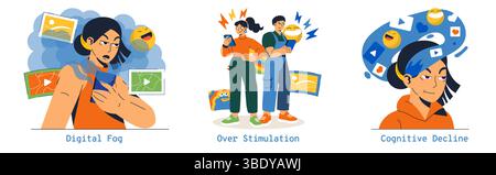 La pourriture cérébrale représente la façon dont un engagement numérique excessif mène à la fatigue cognitive et à l’écrasement. Les effets vont du brouillard numérique au déclin cognitif, illustrant les défis mentaux modernes dans un monde axé sur la technologie. Illustration vectorielle. Illustration de Vecteur