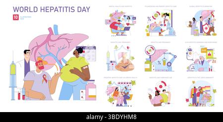 Ensemble d'illustrations vectorielles mettant en évidence les thèmes de la Journée mondiale de l'hépatite. Inclut la santé mentale, la grossesse, la consommation de substances, la communauté LGBTQ, l'IA dans le diagnostic, et les efforts d'élimination à l'échelle mondiale. Illustration de Vecteur