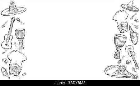 Tissu national latino-américain et sud-américain et instruments de musique monochrome frontière vectorielle. Poncho, sombrero, maracas, djembé et illustration de guitare Illustration de Vecteur