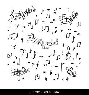 Ensemble de notes de musique et de signes de griffonnage à la main. Fond de gribouillage de crayon. Illustration vectorielle d'esquisse manuscrite. Symboles sonores de mélodie. Caprices Illustration de Vecteur