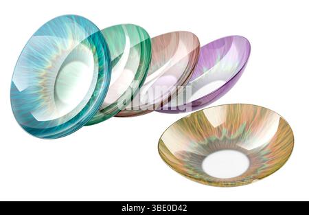 Pile colorée de lentilles de contact. Lentilles oculaires multicolores. Rendu 3D isolé sur fond blanc Banque D'Images