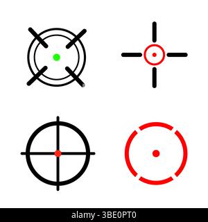 Icônes de cible de réticule. Points rouges verts. Lignes vectorielles rouges noires. Formes de visée circulaires. Illustration de Vecteur