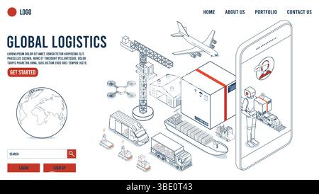 Page d'accueil logistique mondiale avec technologie d'entrepôt, robot autonome, service d'opération de transport, exportation, importation, cargo, Air, Road, Maritim Illustration de Vecteur