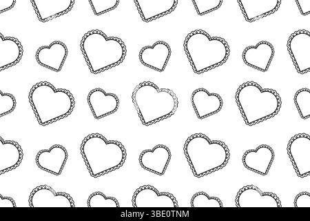 Modèle sans couture, page de coloriage avec des coeurs coupés en dentelle. Fond géométrique abstrait. Pour divertir les enfants, noir et blanc romantique Saint valentin Illustration de Vecteur