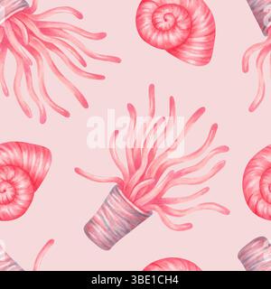 Coraux marins et coquillages. Modèle sans couture de l'illustration de l'aquarelle. Anémones de mer de pêche avec tentacules, coquille en spirale. Arrière-plan isolé dessiné à la main Banque D'Images