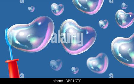 Bulles réalistes de savon d'air soufflé en forme de coeur. Symbole amour. Shampooing ou gel mousses soufflant des boules. Sphères 3D irisées savonneuses. Mousse détergente Illustration de Vecteur