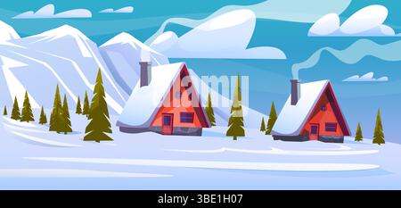 Paysage d'hiver de montagne avec de belles maisons confortables et la fumée des tuyaux de poêle. Paysage de saison froide. Arbres enneigés. Forêt de pins. Maisons en bois. Village Illustration de Vecteur