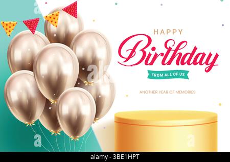 Conception de fond de clipart de podium d'anniversaire. Texte de voeux joyeux anniversaire avec un tas de ballons métalliques dorés et un podium jaune pour une fête surprise Illustration de Vecteur