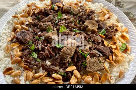 Fatteh du moyen-Orient avec viande de veau, riz blanc, pain grillé et noix rôties, servi dans un plat profond Banque D'Images