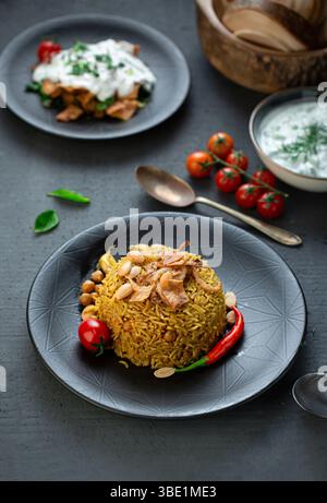 Riz jaune 'Qidra' cuit dans un pot en argile - cuisine arabe palestinienne Banque D'Images