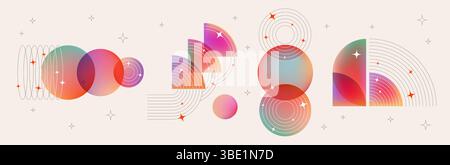 Éléments de conception abstraits Bauhaus pour affiche musicale - demi-cercles et sphères de gradient colorés avec des lignes et des étoiles. Formes graphiques géométriques dynamiques modernes lumineuses, arrière-plan d'illustration vectorielle rétro Illustration de Vecteur