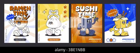 Ensemble de posters de personnages de sushi rétro - bannières publicitaires ou invitations avec des mascottes mignonnes. Dessins animés humanisés des éléments alimentaires asiatiques dans le style anime kawaii - bol ramen, rouleau maki, boîte à nouilles et baozi marchant. Illustration de Vecteur