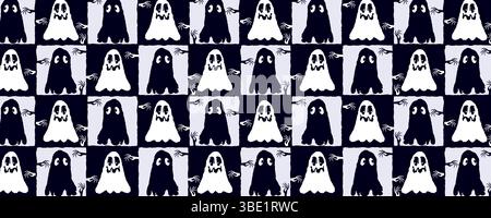 Motif fantôme d'Halloween sans couture avec de jolies formes blanches et noires Spooky. Charmant fantôme effrayant, parfait pour le papier d'emballage d'Halloween, les textiles Illustration de Vecteur