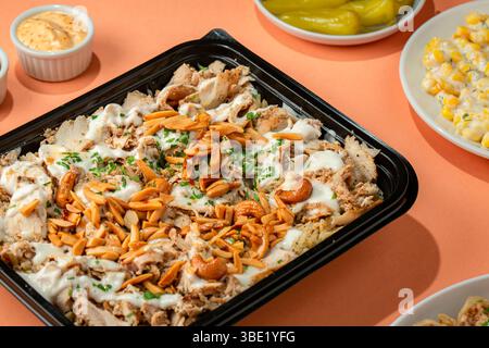 Shawarma Fatteh avec noix et sauce à l'ail – fusion gastronomique du moyen-Orient Banque D'Images