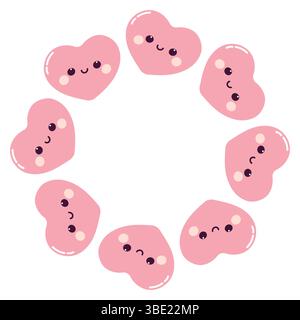 Cadre rond avec de mignons coeurs roses. Coeur avec le visage mignon. Cœur souriant. Illustration de Vecteur