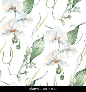 Motif floral sans couture avec orchidées blanches, bourgeons de lis et feuilles vertes douces isolées. Fleurs pastel aquarelle sur fond répété peint à la main Banque D'Images