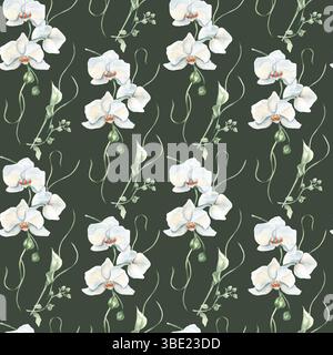 Motif sans couture orchidée et bourgeon de lis dans des tons blancs avec des lignes botaniques ondulées isolées sur sombre. Aquarelle répétition conception de fleurs tons pastel pour Banque D'Images