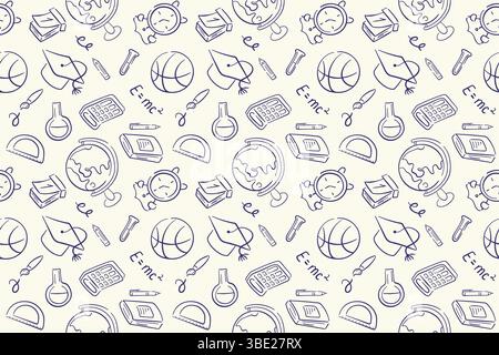 Modèle sans couture de l'école dans le style doodle sur un fond beige. La conception de retour à l'école fournit cahier, globe, calculatrice, calendrier, ballon de basket-ball Illustration de Vecteur
