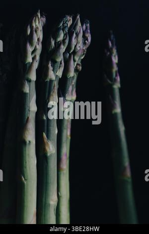 Asperges crues sur fond noir. Asperges vertes et violettes sur la surface de pierre sombre. Vitamines du printemps Banque D'Images