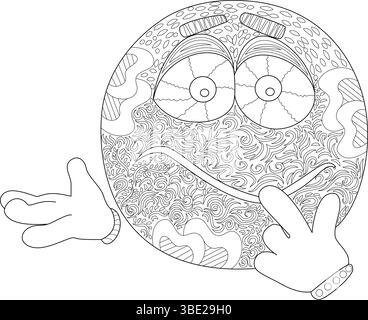 Illustration détaillée d'art de ligne noir et blanc d'un visage emoji expressif avec des motifs complexes et des gestes de la main, parfait pour les livres de coloriage adultes, Illustration de Vecteur
