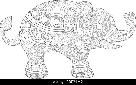Illustration détaillée d'art de ligne noir et blanc d'un éléphant rempli de motifs complexes, parfait pour les livres de coloriage, les activités de pleine conscience, et Illustration de Vecteur
