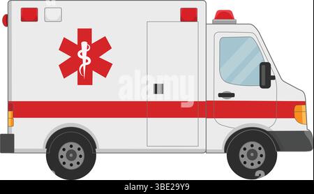 Illustration vectorielle d'ambulance. Vue latérale d'un camion ambulancier moderne. Véhicule blanc avec bande rouge et emblème Star of Life Illustration de Vecteur
