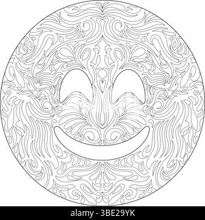 Illustration d'art au trait noir et blanc d'un visage emoji heureux rempli de motifs tourbillonnants complexes, décoratifs et abstraits. Idéal pour le colorin adulte Illustration de Vecteur
