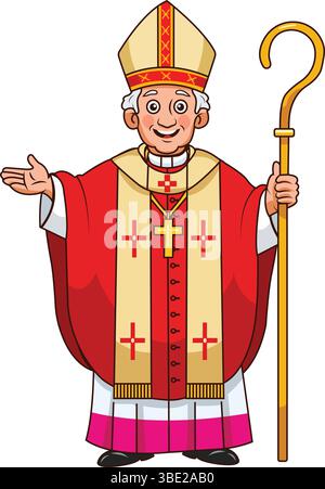 Personnage de dessin animé Bishop. Illustration amicale de dessin animé d'un évêque chrétien en vêtements traditionnels, y compris une mitre et chasuble, tenant un cros Illustration de Vecteur