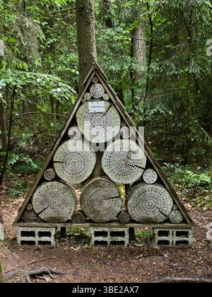 Un hôtel d’insectes fait main labellisé « Waldbienenhotel » pour les abeilles sauvages dans une forêt près de Freising, en Allemagne. Banque D'Images