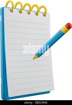 Bloc-notes et crayon sont isolés sur un fond blanc. Rappeler ou vérifier concept illustration vectorielle 3D. Illustration de Vecteur
