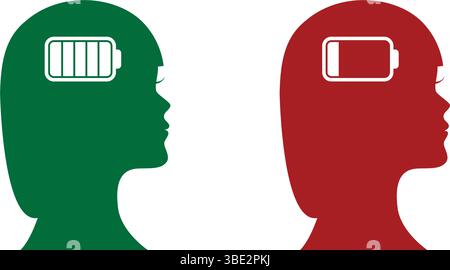 silhouette de femme de santé mentale avec illustration vectorielle de batterie pleine et vide Illustration de Vecteur