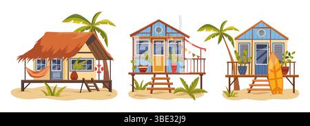 Ensemble de maison d'été ou cabane de surf en bord de mer. Bungalow vectoriel avec planche de surf ou Summerhouse pour les vacances. Refuge pour surfeurs pour les loisirs. Architecture côtière extérieure. Vacances à la mer et détente à l'océan. Illustration de Vecteur