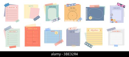 Ensemble de feuilles de papier de note. Mémo vectoriel avec étiquettes adhésives. Page vierge ou vide déchirée pour le message. Carré inscriptible pour bureau. Modèle de bordure de planeur ou d'organiseur. Carnet ou album avec ruban adhésif. Illustration de Vecteur