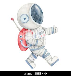Astronaute marchant avec combinaison spatiale grise et blanche avec visière bleue et sac à dos rouge à l'aquarelle. Clipart Spaceman. Idéal pour les livres pour enfants, les affiches murales, les flyers d'événement STEM, ou les graphiques de fête d'anniversaire Banque D'Images
