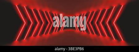 Flèche néon rouge sur noir. Résumé de l'arrière-plan du Casino. Perspective technologique futuriste avec barres lumineuses LED dynamiques et effets d'énergie lumineuse. SCI Fi Illustration de Vecteur