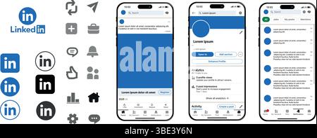 Maquette vectorielle de l'interface de l'application mobile LinkedIn affichée sur l'iPhone 16e. Comprend cadre d'écran avec ombre, disposition moderne dans la couleur sombre et claire Illustration de Vecteur