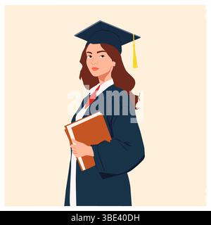 Illustration vectorielle d'une jeune femme dans une robe de graduation détenant un diplôme. Illustration de Vecteur