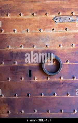 Ancienne porte en bois dans le vieux mur de château en pierre.Weathered Barn Door. Banque D'Images