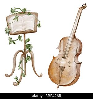 Contrebasse acoustique dessinée à la main avec arc, partition et trépied. Isolé sur fond blanc. Style clip art pour la conception musicale, l'impression ou broc Banque D'Images