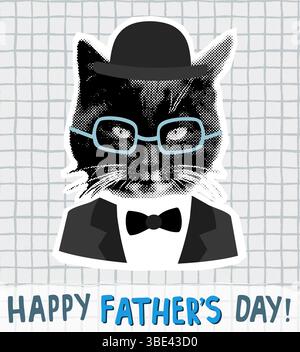 Drôle carte de voeux de fête des pères avec un homme chat avec costume, arc, lunettes, collage hipster demi-ton Banque D'Images
