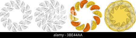 Esquissez les tranches d'agrumes dessinées à la main et les taches colorées bordure de cadre de cercle et ensemble de toile de fond ronde. Illustration vectorielle isolée fruits ou Cozy Autumn Thematic Card promo bannière, dépliants, prix, étiquette Illustration de Vecteur